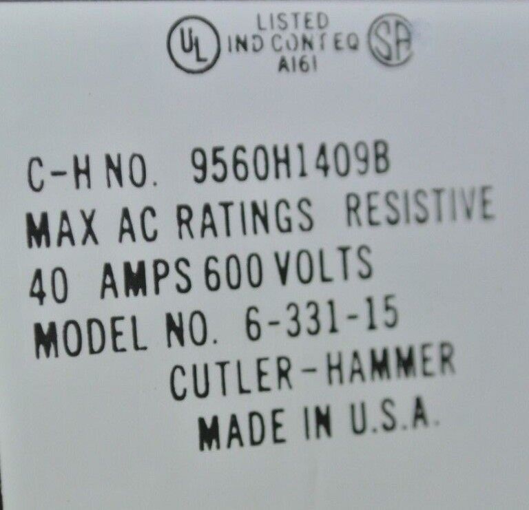 CUTLER-HAMMER 9560H1409-49 DEF PURPOSE CONTACTOR 40A 104/120V COIL 9560H1409B