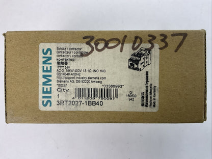 SIEMENS 3RT2027-1BB40 CONTACTOR AC-3 400V 15kW 1S 1NO 1NC COIL 24VDC