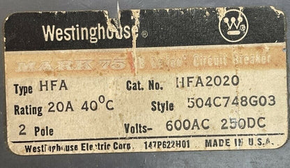 WESTINGHOUSE HFA2020 AB DE-ION CIRCUIT BREAKER 20AMP 600VAC 250VDC 2P 504C748G03