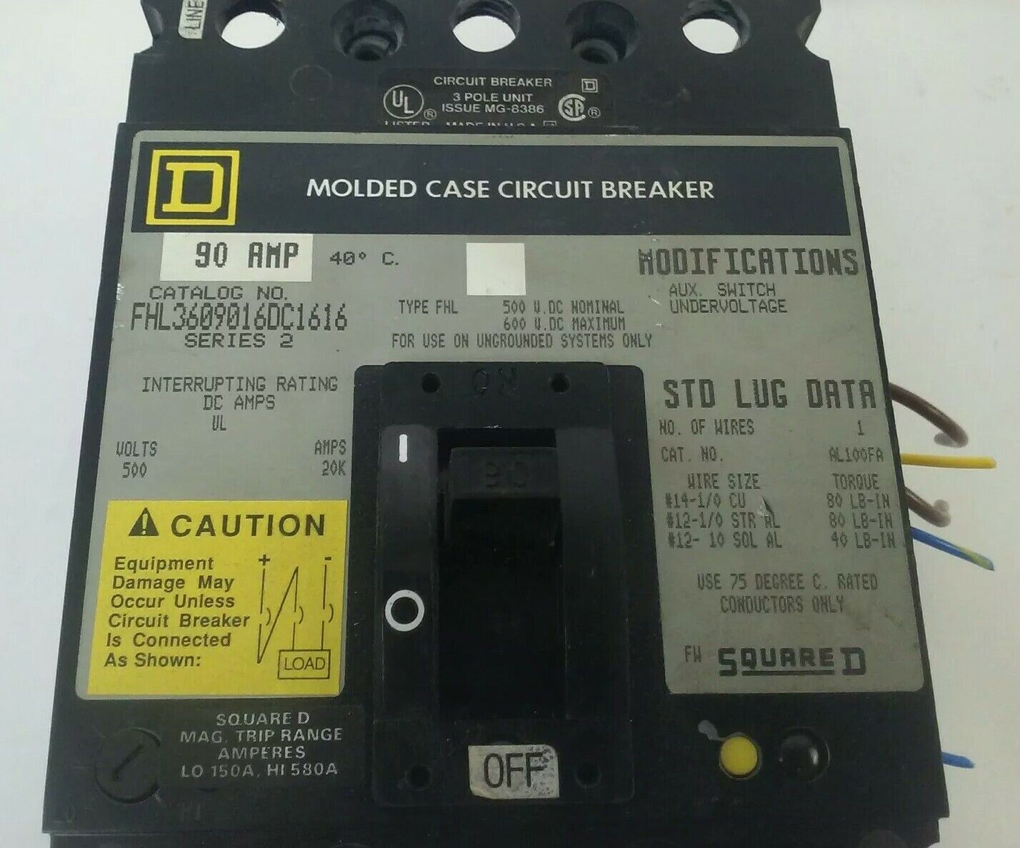 SQUARE D FHL3609016DC1616 SER 2 CIRCUIT BREAKER 3POLE 90AMP 600VDC W/AUXILIARY