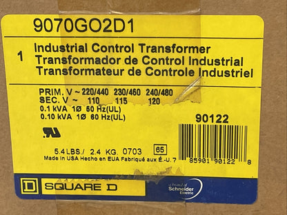 SQUARE D 9070GO2D1 INDUSTRIAL CONTROL TRANSFORMER PRIM. VAC 220/440 230/460 240/