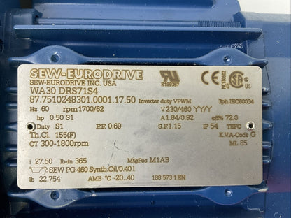 SEW EURODRIVE WA30 DRS71S4 GEAR MOTOR 1700/62RPM 230/460V YY/Y