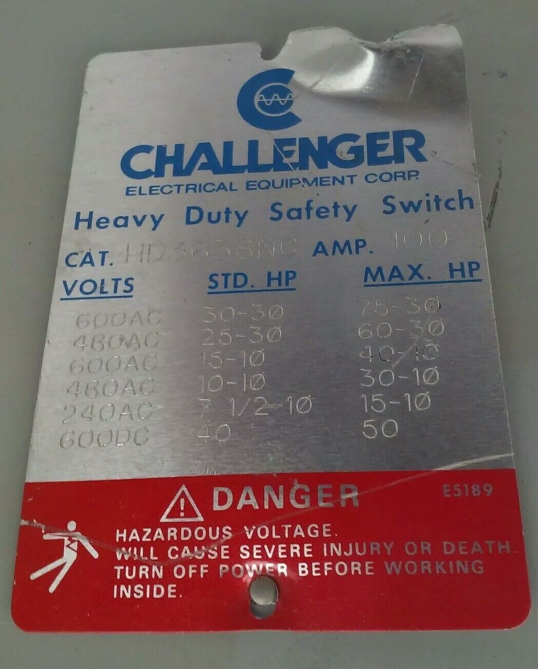 CHALLENGER HD363SNC FUSIBLE SAFETY SWITCH, 100A, 600V, 3PH, 75HP, TYPE 1 INDOOR