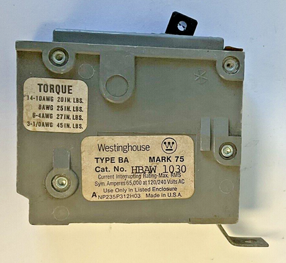 WESTINGHOUSE HBAW 1030 CIRCUIT BREAKER 30A 120/240VAC TYPE BA