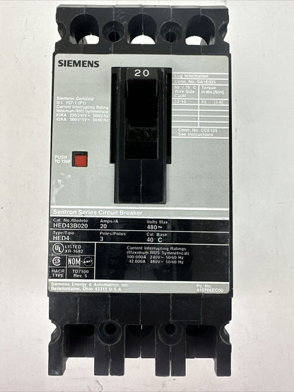 SIEMENS HED43B020 CIRCUIT BREAKER 20AMP 480VAC 3POLE