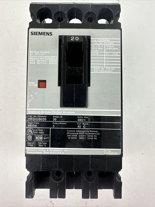 SIEMENS HED43B020 CIRCUIT BREAKER 20AMP 480VAC 3POLE