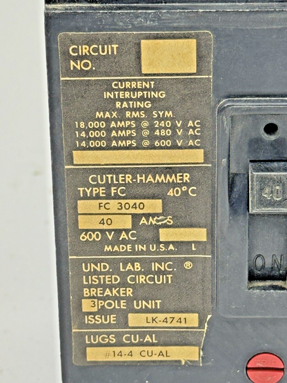 CUTLER-HAMMER - FC3040 - CIRCUIT BREAKER - 40A/ 600 VAC/ 3 POLE