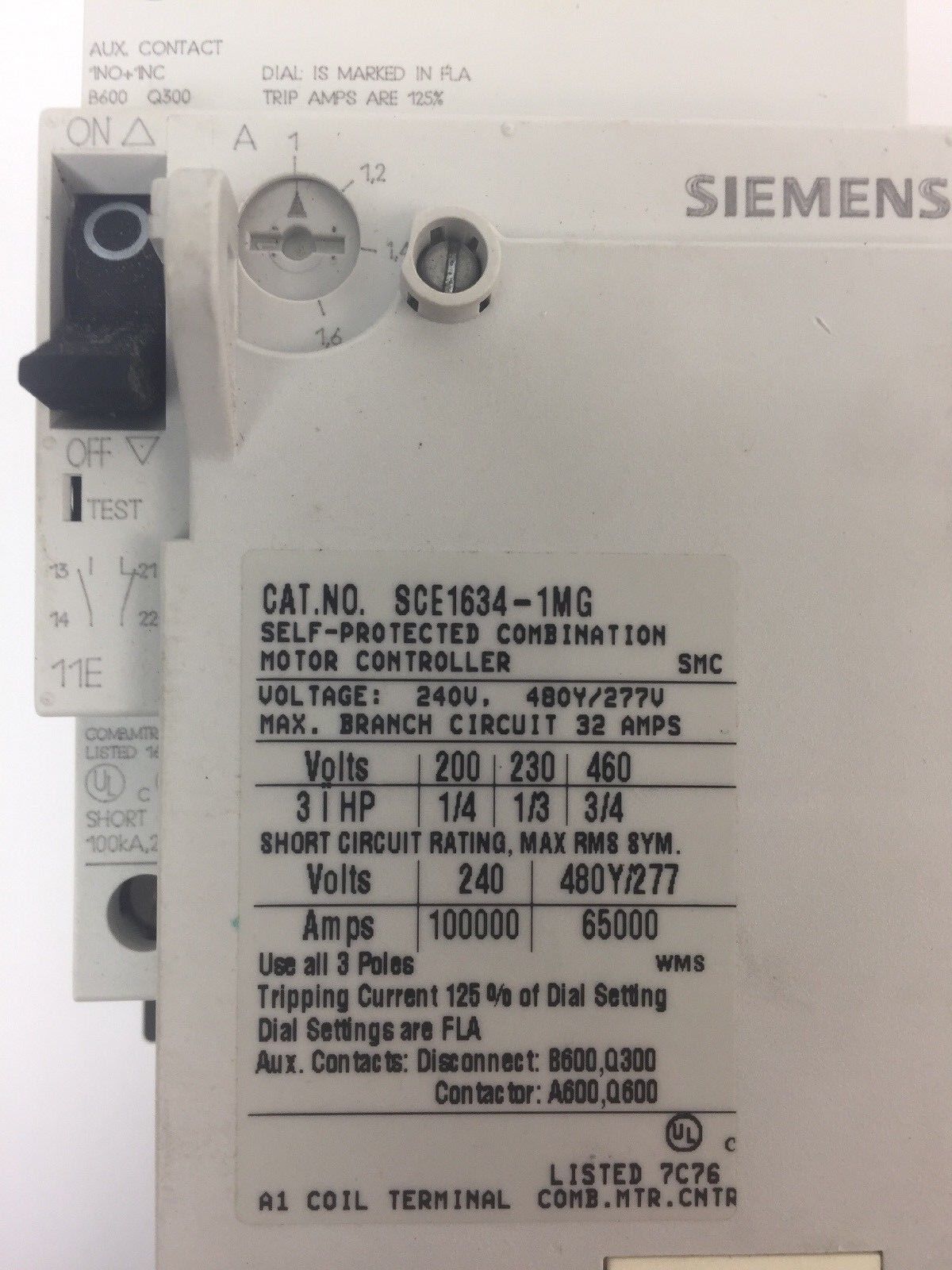 SIEMENS SCE1634-1MG10K6 MODULAR MOTOR CONTROLLER 240V 480Y/277V COIL 120V 60HZ