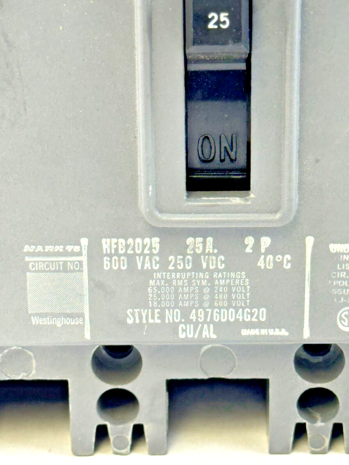 WESTINGHOUSE - HFB2025 LCKT - THERMAL MAG CIRCUIT BREAKER - 2 POLE/ 25A/ 600 VAC