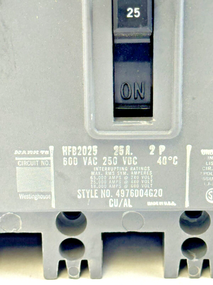 WESTINGHOUSE - HFB2025 LCKT - THERMAL MAG CIRCUIT BREAKER - 2 POLE/ 25A/ 600 VAC