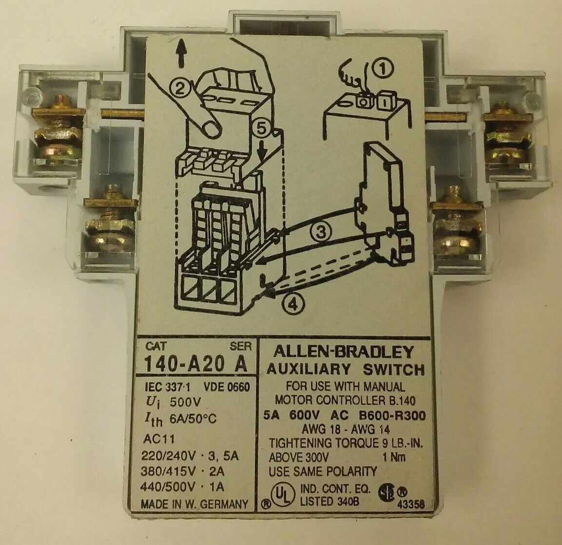 ALLEN BRADLEY, 140-A20 SER.A, AUXILIARY CONTACT, Ui:500V, 5A 600V
