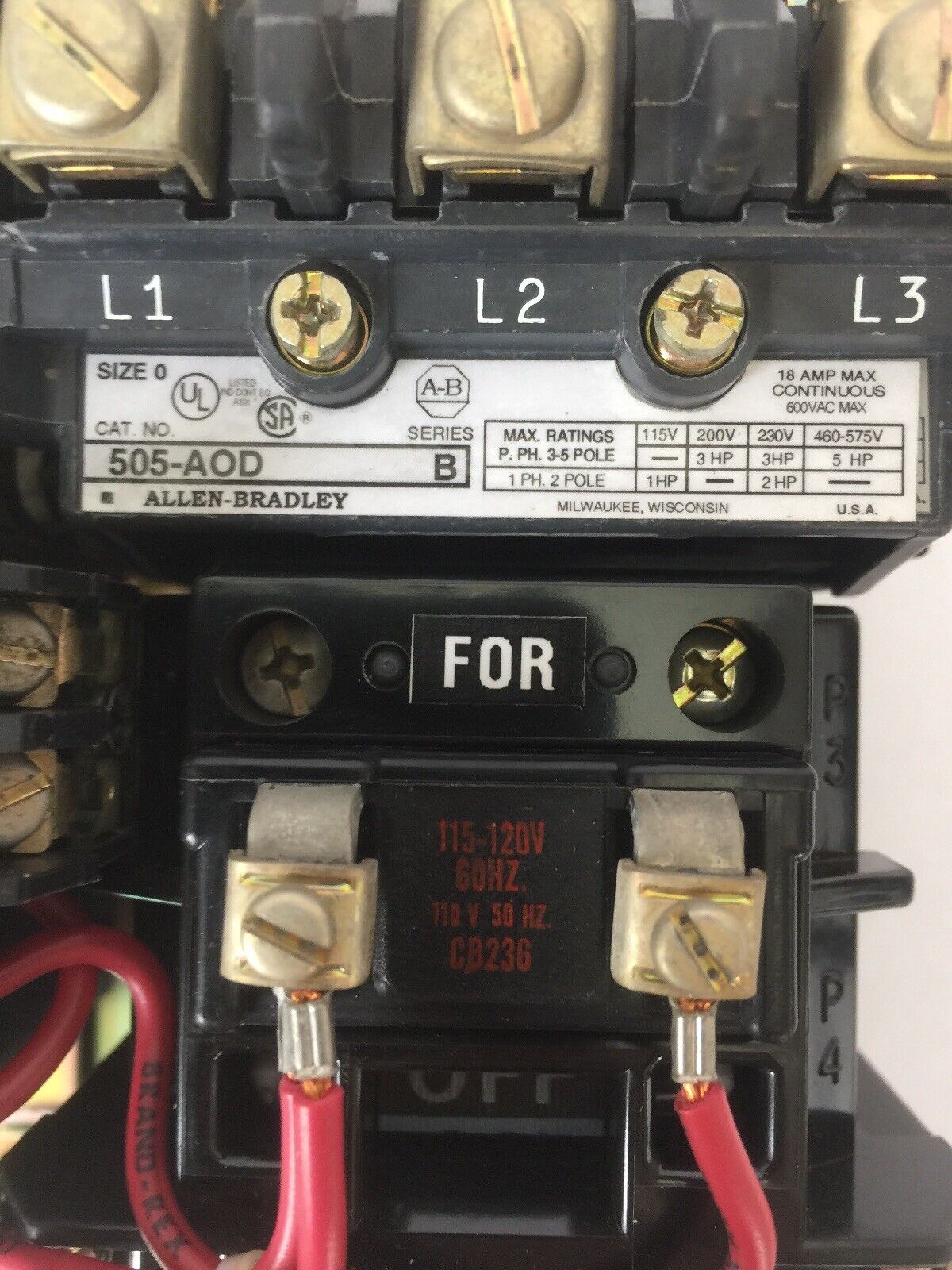 ALLEN BRADLEY 505-AOD SIZE 0 REVERSING STARTER 600VAC 5HP 18AMP COIL 120V 60HZ