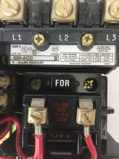 ALLEN BRADLEY 505-AOD SIZE 0 REVERSING STARTER 600VAC 5HP 18AMP COIL 120V 60HZ