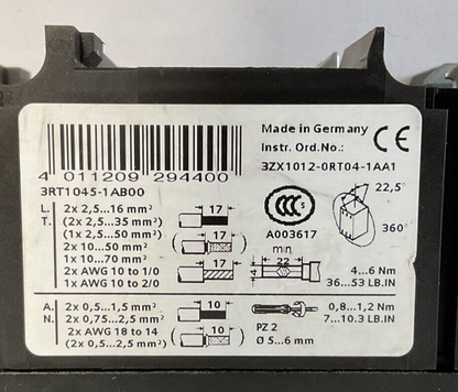 SIEMENS 3RT1045-1AB00 CONTACTOR 600V 24VDC 50HZ W/ 3RH1921-1HA22
