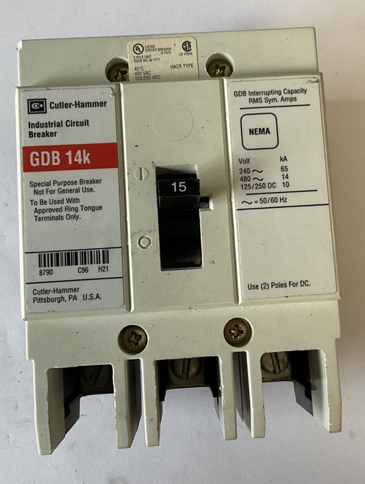 WESTINGHOUSE GDB 14K CIRCUIT BREAKER 15A 480VAC 3POLE 50/60HZ GDB3015