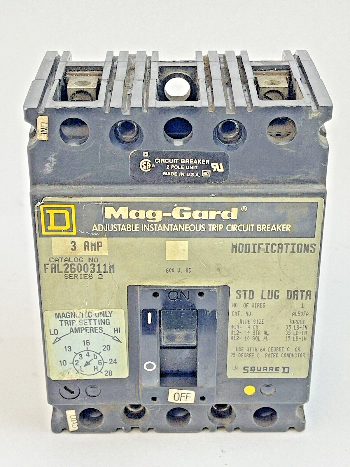 SQUARE D - FAL2600311M SER. 2 - MAG-GARD CIRCUIT BREAKER -  600 VAC, 3 A, 2 POLE