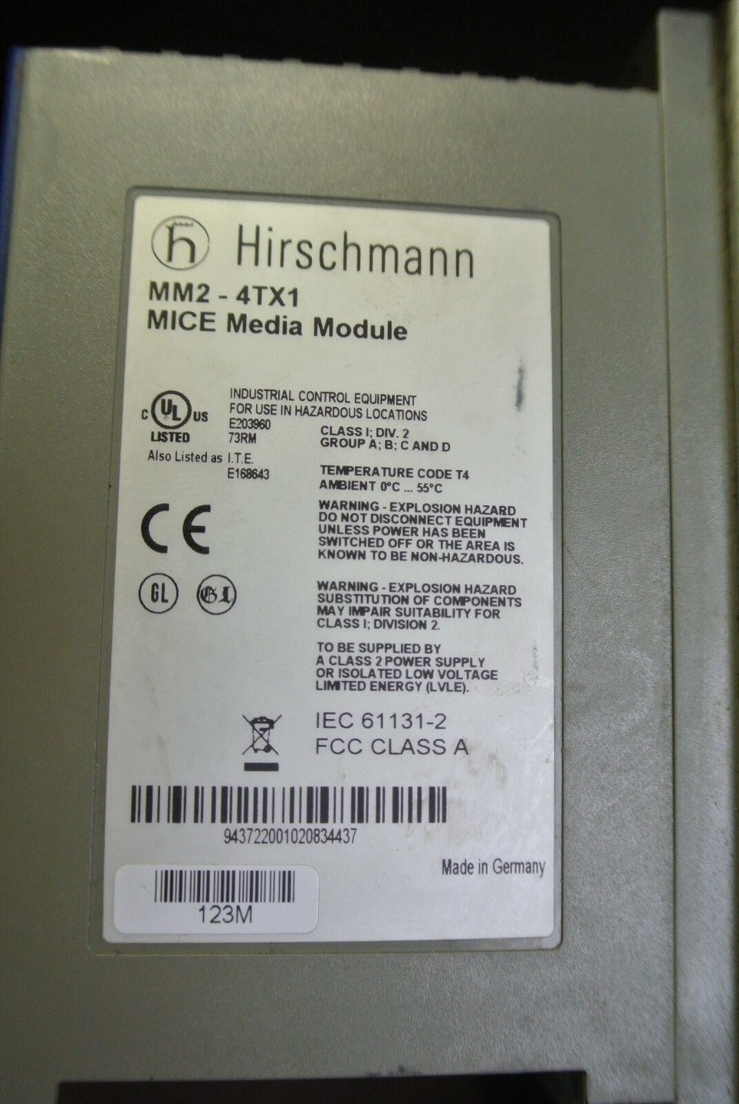 HIRSCHMANN MM2-4TX1 MICE MEDIA MODULES (2) on MB-2T MICE BACKPLANE