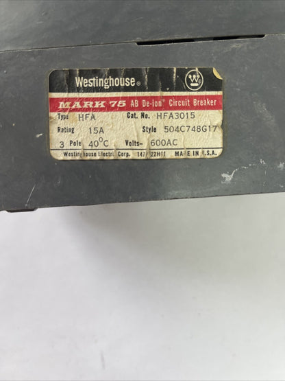 WESTINGHOUSE HFA3015 AB DE-ION CIRCUIT BREAKER 15AMP 3POLE 600VAC 504C748G17