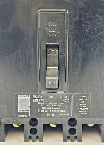 WESTINGHOUSE - EHB3100 - CIRCUIT BREAKER 100A 3POLE 480V BROKEN PIECE - USED