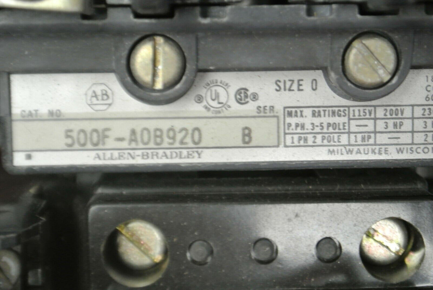 ALLEN-BRADLEY 500F-AOB920 / AC CONTACTOR / SIZE 0 / 2-POLE / NO CONTACTS