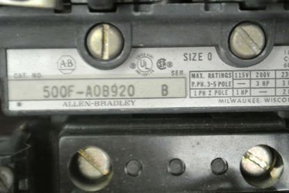 ALLEN-BRADLEY 500F-AOB920 / AC CONTACTOR / SIZE 0 / 2-POLE / NO CONTACTS