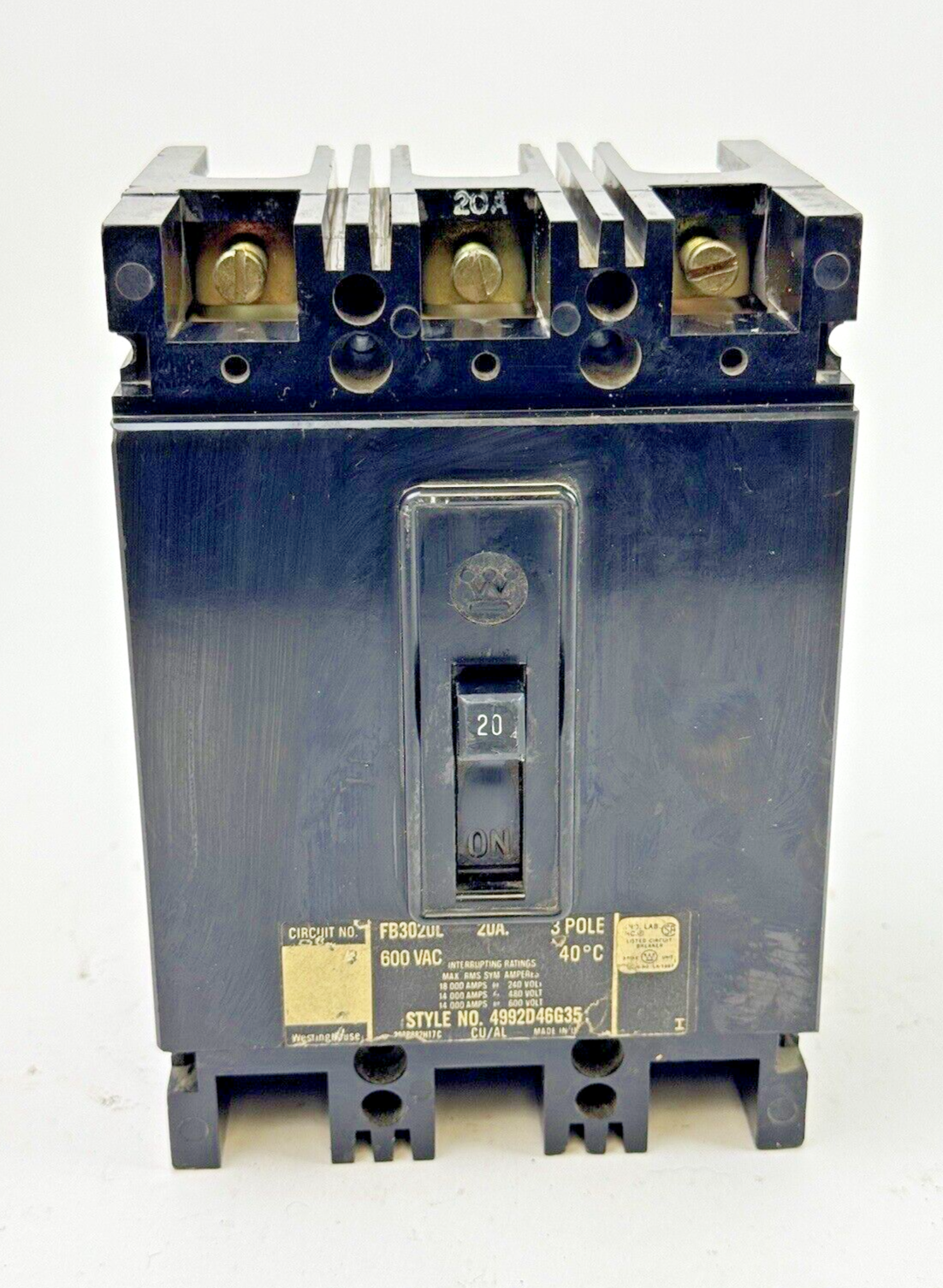 WESTINGHOUSE - FB3020L - MOLDED CIRCUIT BREAKER - 3 POLE/20A/600 VAC