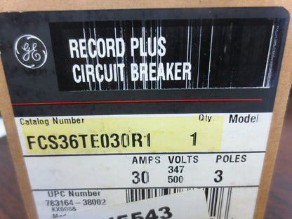 GE FCS36TE030R1 RECORD PLUS CIRCUIT BREAKER 30A, 480VAC, 3-POLE - NEW SURPLUS