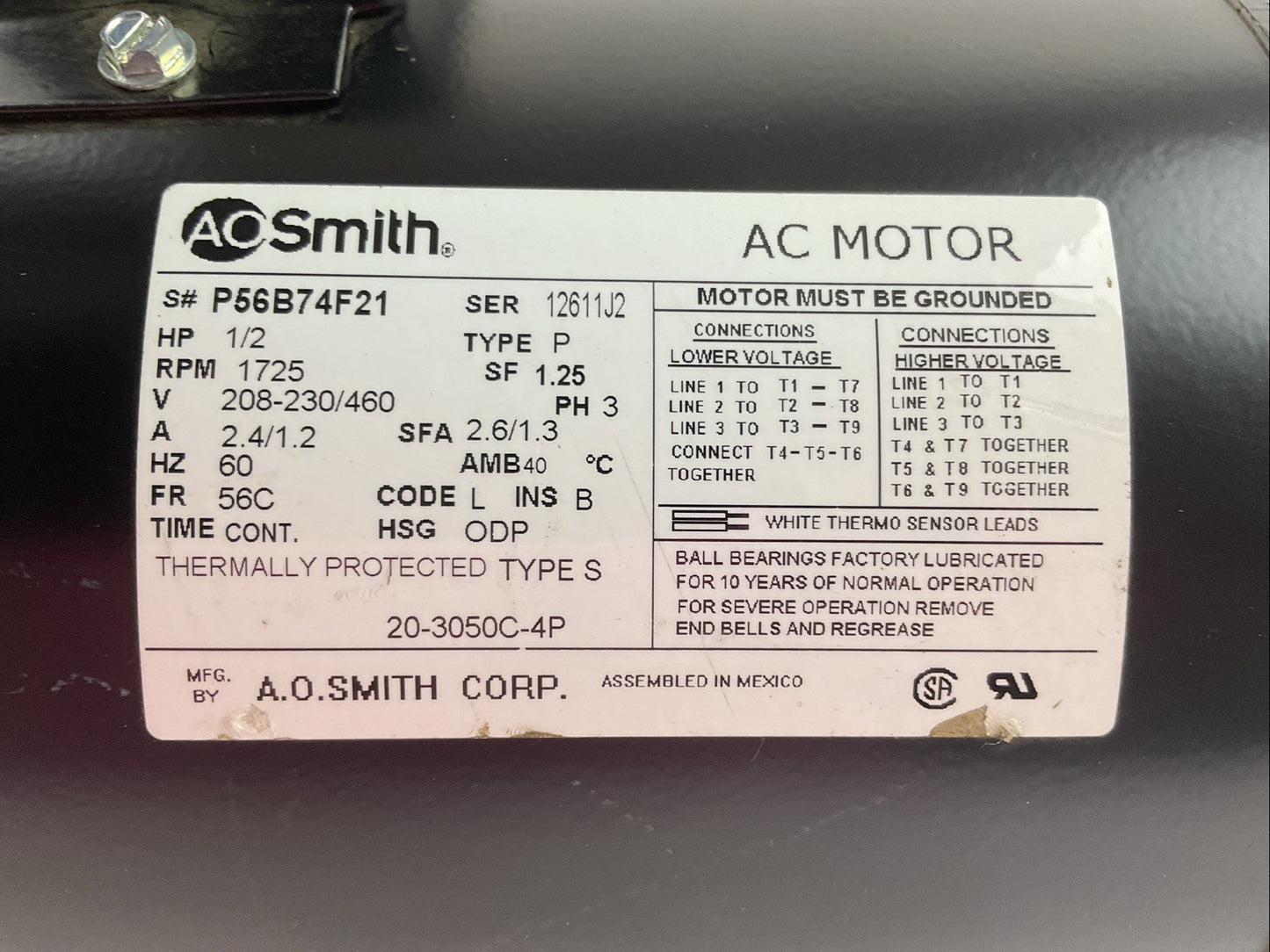 AO SMITH 20-3050C-4P AC MOTOR 1/2HP 1725RPM 208-230V 2.4/1.2A