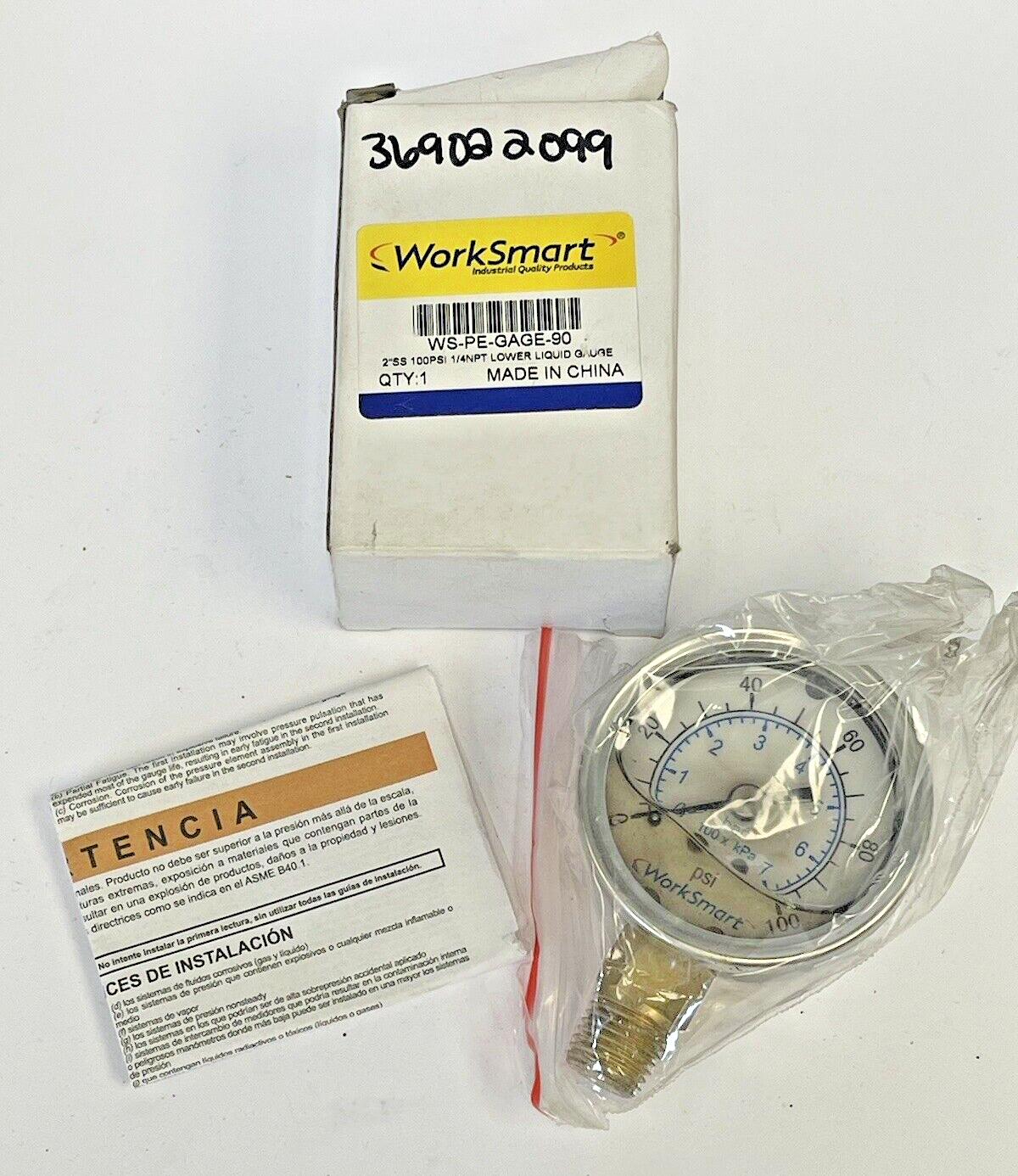 WORKSMART - WS-PE-GAGE-90 - LIQUID GAUGE - 2" DIAMETER, 1/4" NPT, 0-100 PSI