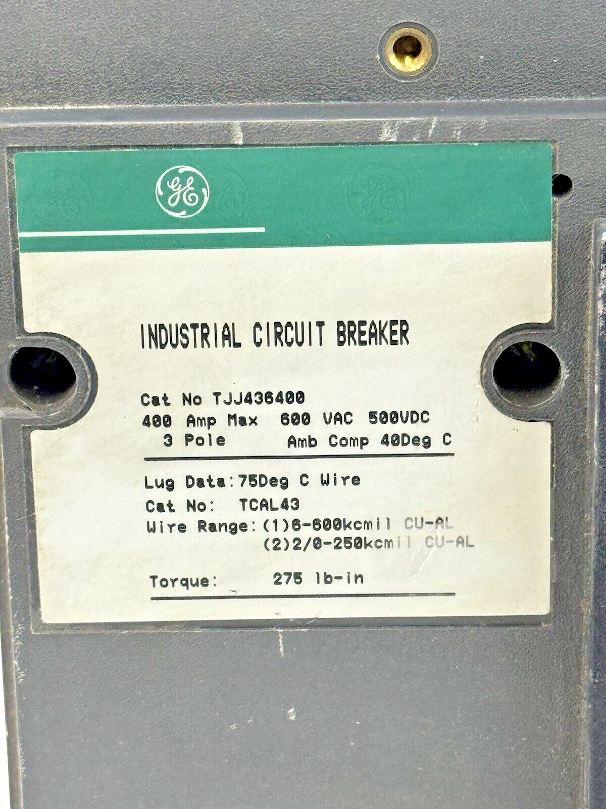 GE - TJJ436400 - IND. CIRCUIT BREAKER W/ 400A TRIP UNIT - 3 POLE/600 VAC/400A