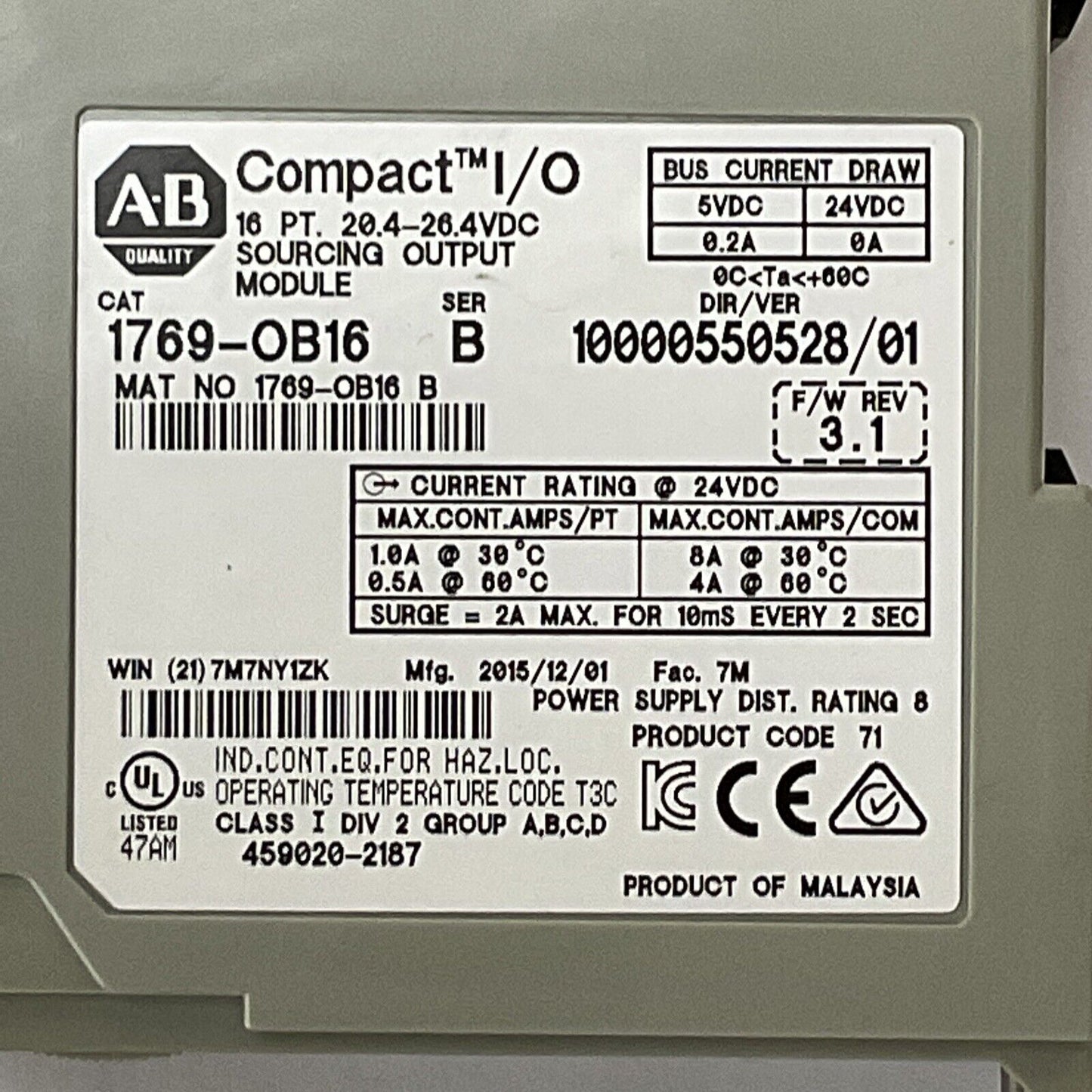 ALLEN BRADLEY 1769-OB16 SER B F/W REV 3.1 DIR/VER 10000550528/01 16PT COMPACT