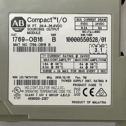 ALLEN BRADLEY 1769-OB16 SER B F/W REV 3.1 DIR/VER 10000550528/01 16PT COMPACT