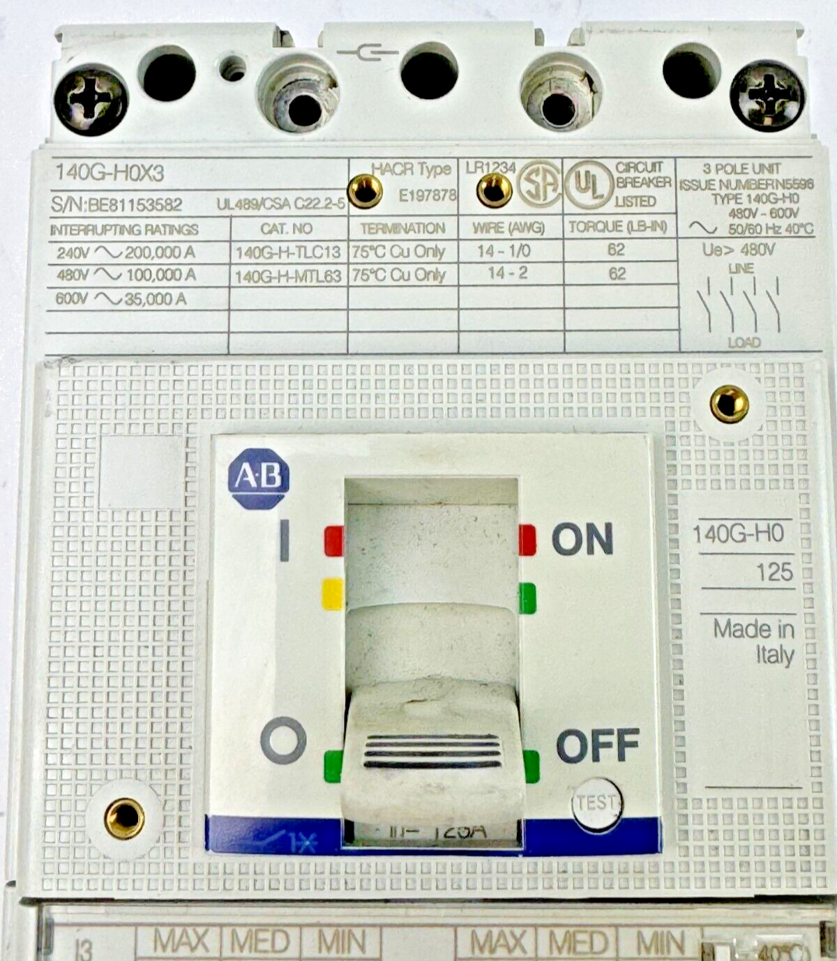 ALLEN BRADLEY - 140G-H0F3-D12 - SERIES A - CIRCUIT BREAKER - 125A, 3 POLE, 480 V