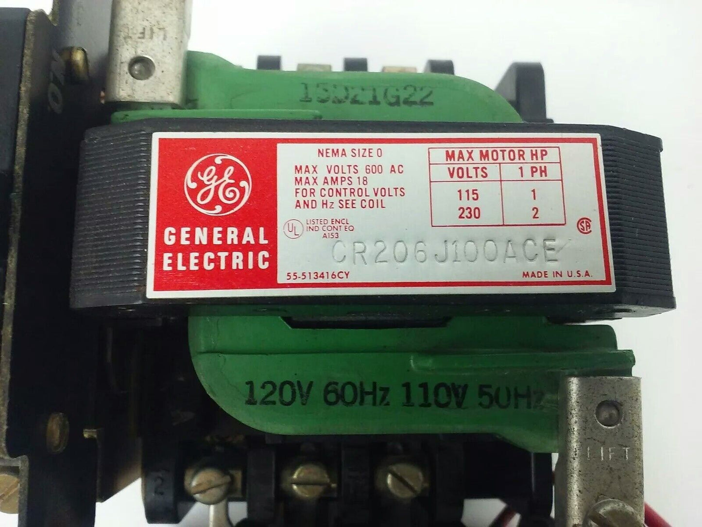 GENERAL ELECTRIC, CR206J100ACE, STARTER, SIZE 0, 600V, 18A, 1PH, 120V COIL, USED