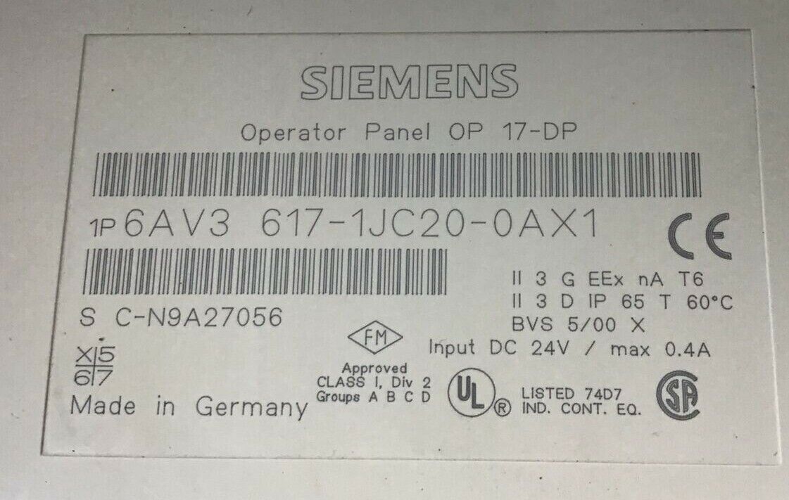 SIEMENS 6AV3 617-1JC20-0AX1 OPERATOR PANEL 24V