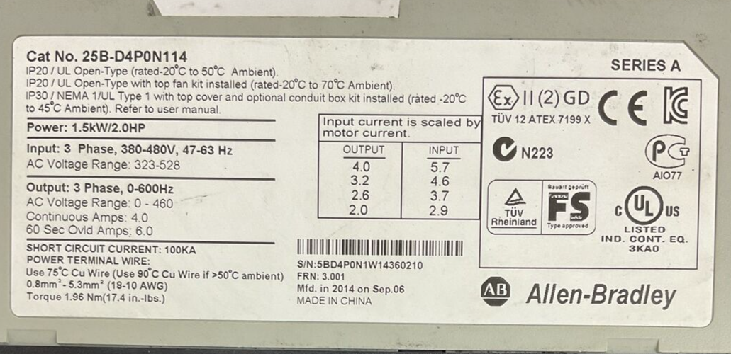 ALLEN BRADLEY 25B-D4P0N114 AC DRIVE FRN 3.001 OUTPUT 0-460VAC SER A