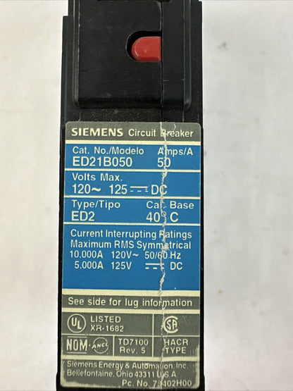 SIEMENS ED21B050 CIRCUIT BREAKER 120VAC 125VDC 50AMP 1POLE