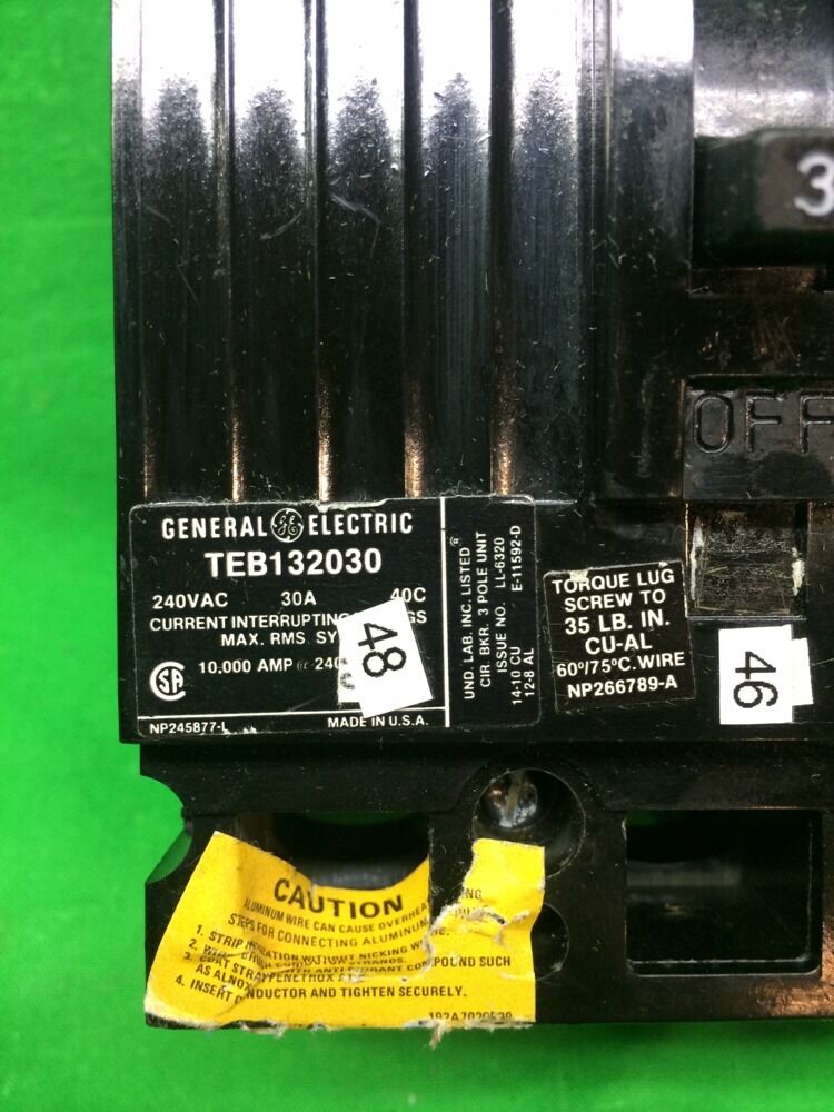 GENERAL ELECTRIC 30 AMP 3 POLE CIRCUIT BREAKER TEB132030 240VAC