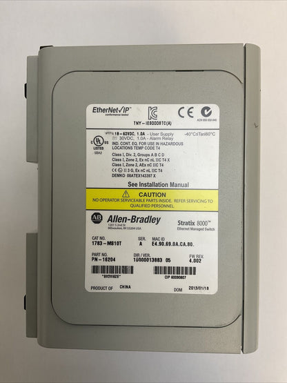 ALLEN BRADLEY 1783-MS10T SER A DIR/VER 10000013883 05 FW REV 4.002 STRATIX 8000