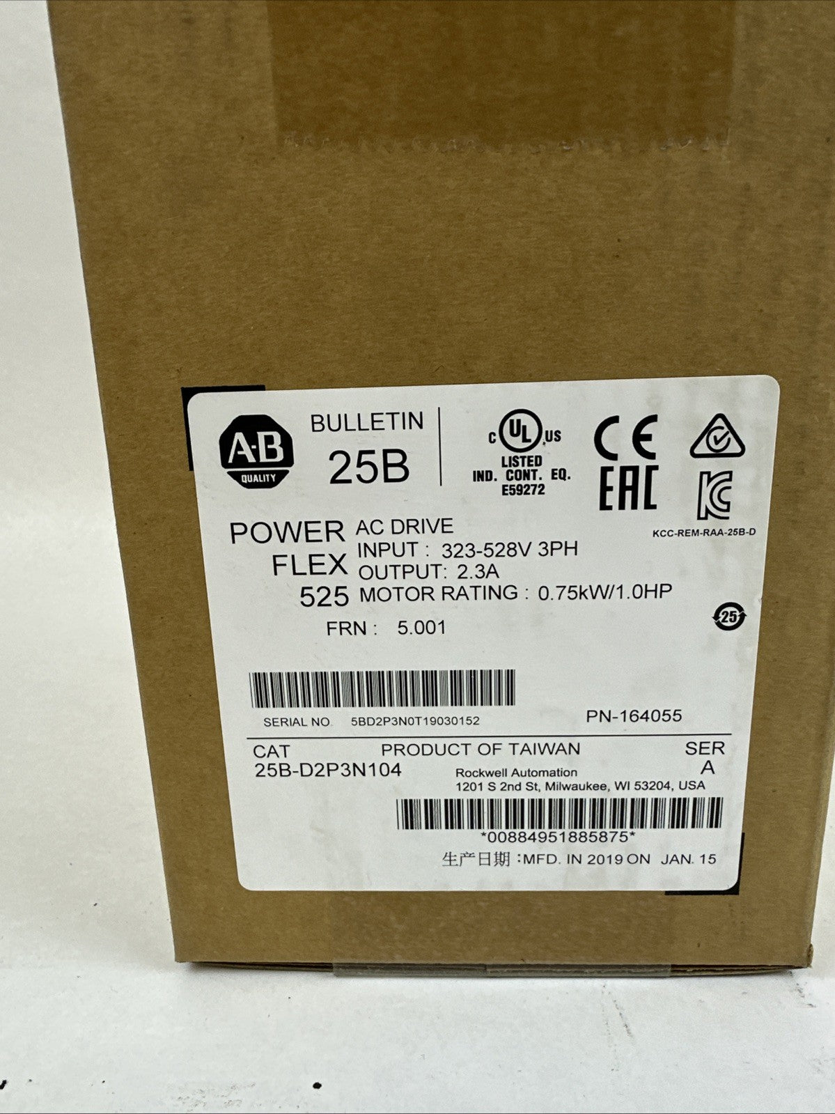 ALLEN BRADLEY 25B-D2P3N104 POWER FLEX  AC DRIVE FRN 5.001 SER A OUTPUT 2.3A 1HP
