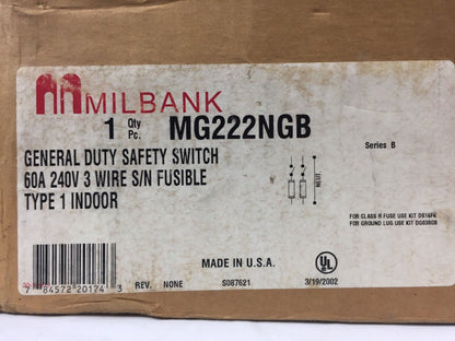 MILBANK MG222NGB GENERAL DUTY SAFETY SWITCH 60A 340V 3 WIRE S/N FUSIBLE TYPE 1