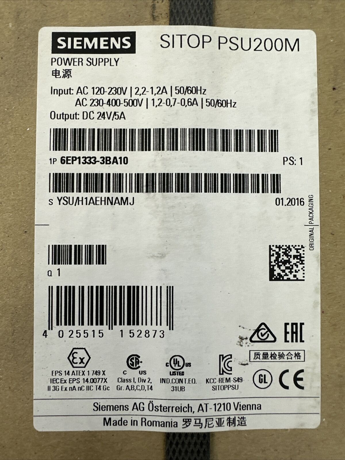 SIEMENS 1P 6EP1333-3BA10 SITOP PSU200M POWER SUPPLY OUTPUT 24VDC 5A