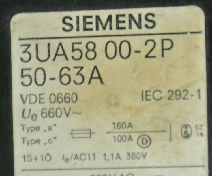 SIEMENS 3UA58 00-2P OVERLOAD RELAY / 50-63 AMP