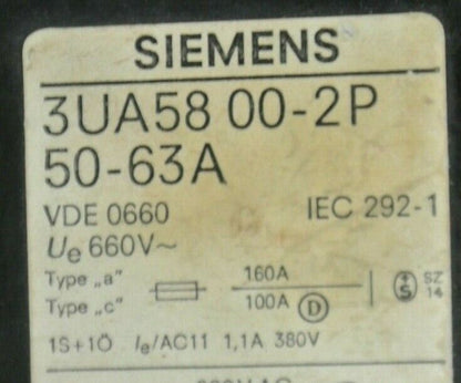 SIEMENS 3UA58 00-2P OVERLOAD RELAY / 50-63 AMP