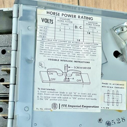 ITE V2B2222MR CLAMPMATIC VACU-BREAK 2POLE 250V 60A 10HP