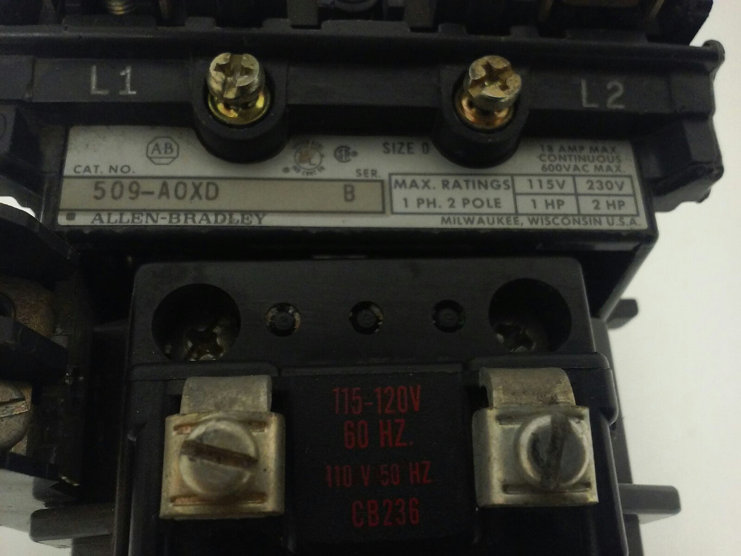 ALLEN BRADLEY 509-AOXD, SER. B, STARTER, 120V COIL CONTACTS GREAT CONDITION