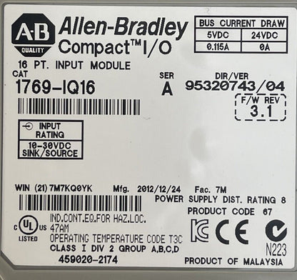 ALLEN BRADLEY 1769-IQ16 SER A F/W REV 3.1 DIR/VER 95320743/04 COMPACT I/O 16PT