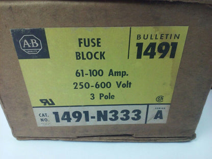 ALLEN BRADLEY 1491-N333 FUSE BLOCK,61-100A, 250- 600V, 3P, W/ X-410710, X-400656