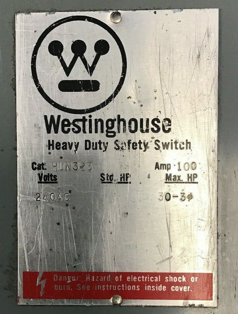 WESTINGHOUSE HUN323 SAFETY SWITCH 100A 240VAC TYPE1 ENCLOSURE-INDOOR