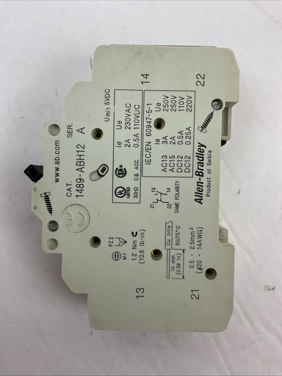 ALLEN-BRADLEY 1489-D1C200 SER A CIRCUIT BREAKER 125VDC 20AMP 1489-ABH12 SER A